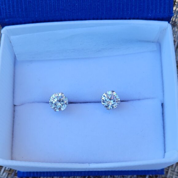 Round Clear CZ Stone Stud Earrings 14k White Gold - Picture 10 of 15